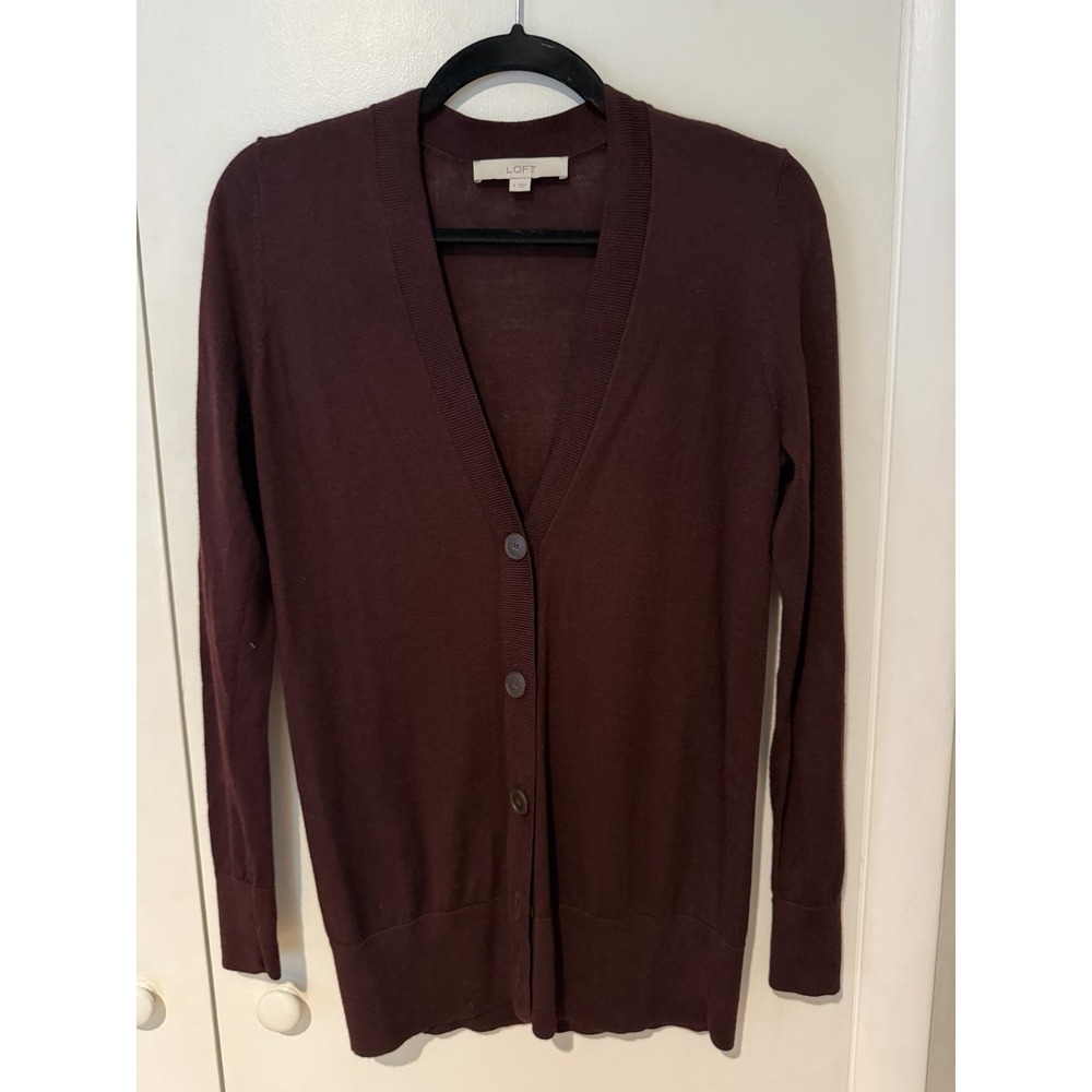 LOFT Women Maroon V-Neck Long Sleeve Button Down Cardigan‎ Knit Sweater Sz Small